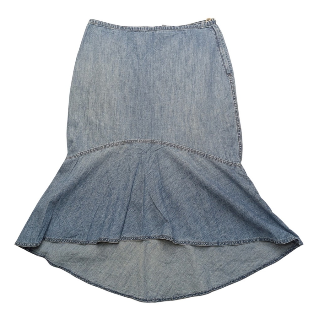 Vintage Lauren Ralph Lauren Denim Skirt Women 12 Mermaid High Low Ruffle Midi